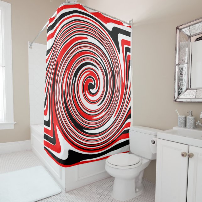 Red white and black psychedelic design shower curtain (In Situ)