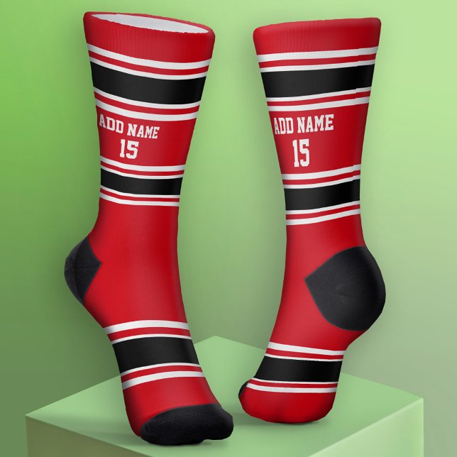 Red White and Black Sport Jersey - Name Number Socks (Custom Sport Socks - Add Jersey Name and Number)