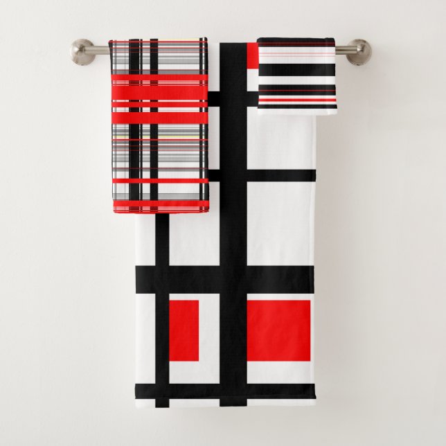 Red white and Black Stripes Bath Towel Set (Insitu)
