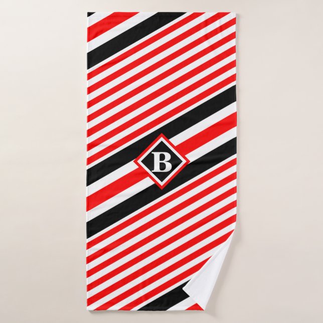 Red White and Black Stripes / Monogram / Initial Bath Towel Set (Bath Towel)