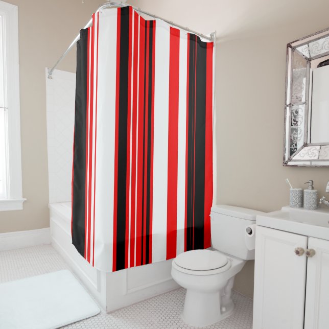 Red white and Black Stripes Shower Curtain (In Situ)
