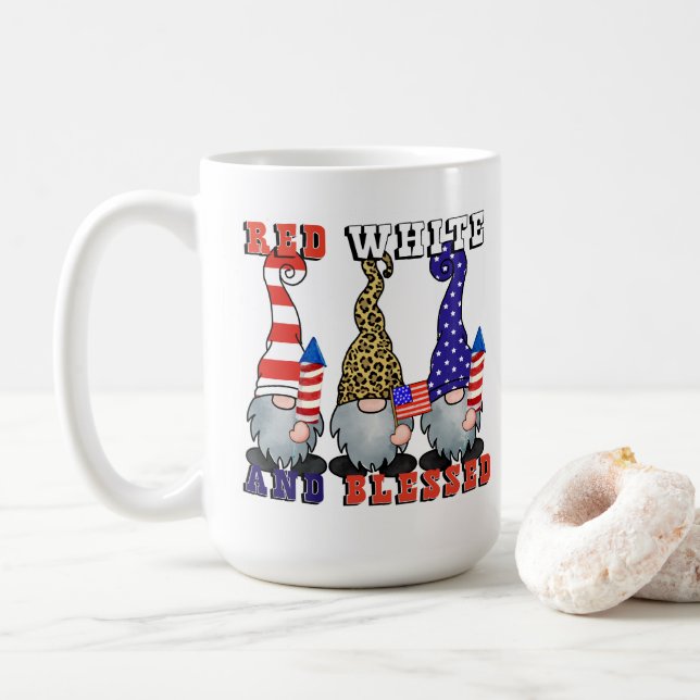Red, White, and Blessed Gnomes Coffee Mug (With Donut)
