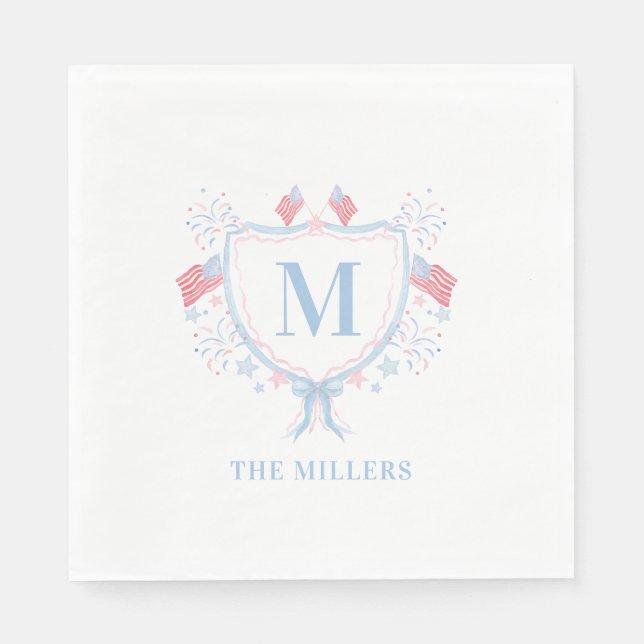 Red, White and Blue 4th of July Monogram Crest Napkin (Front)