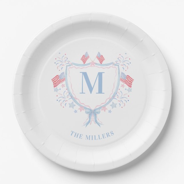 Red, White and Blue 4th of July Monogram Crest Paper Plate (Front)