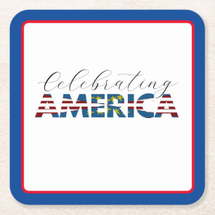 Red White and Blue America Square Paper Coaster