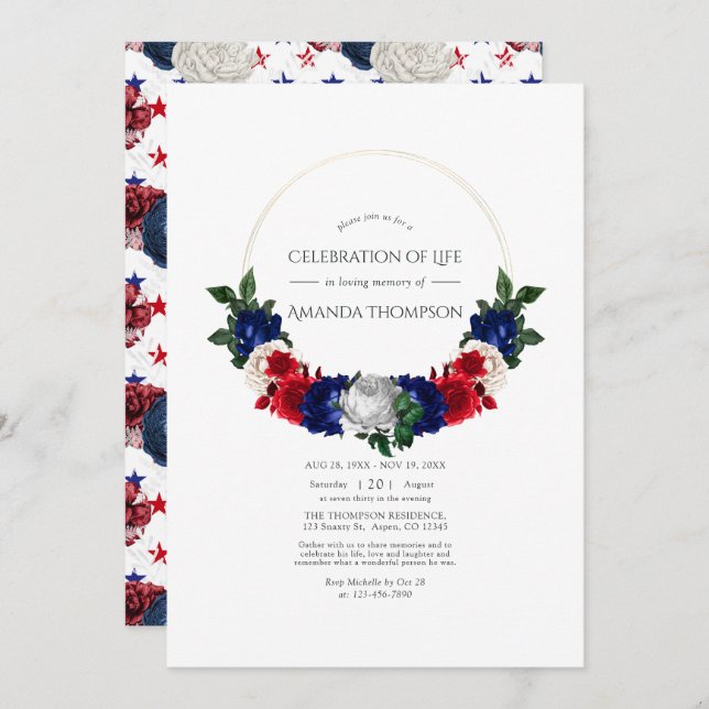Red White and Blue American Celebration of Life Invitation (Front/Back)