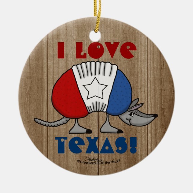 Red, White and Blue Armadillo-I Love Texas! Ceramic Ornament (Front)