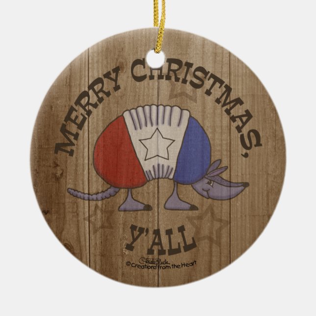 Red, White and Blue Armadillo-Merry Christmas Y'al Ceramic Tree Decoration (Front)