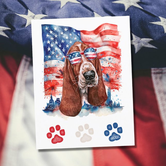 Red White and Blue Basset Hound Dog 4th of July Holiday Postcard (Creator Uploaded)