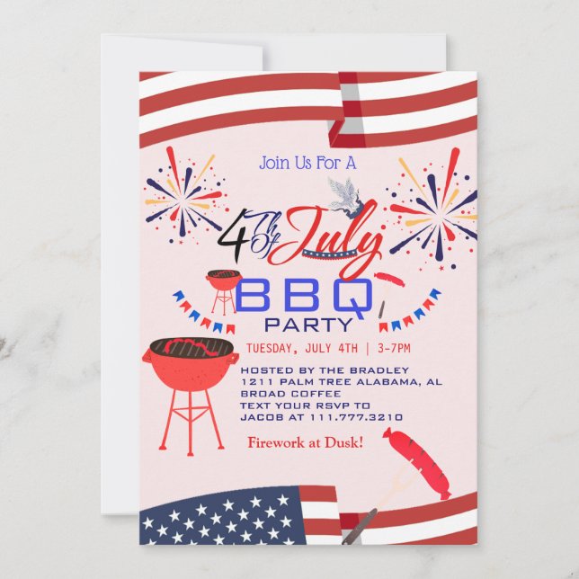 Red White and Blue BBQ Firework 4th of July Party Invitation (Front)