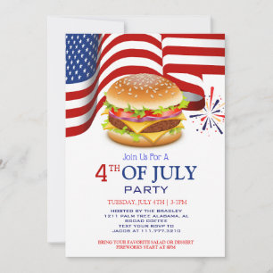 Red White and Blue BBQ Firework 4th of July Party Invitation