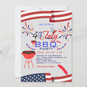 Red White and Blue BBQ Firework 4th of July Party Invitation