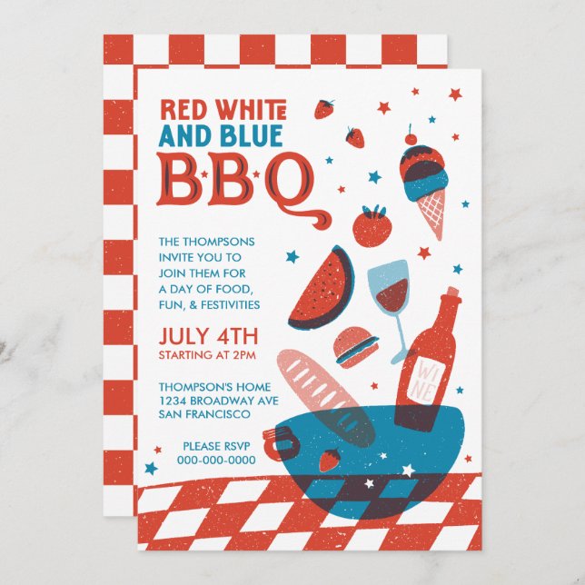 Red, White, and Blue BBQ Fourth of July Party Invitation (Front/Back)