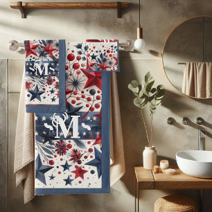 Red White and Blue Boho Stars & Stripes Monogram  Bath Towel Set