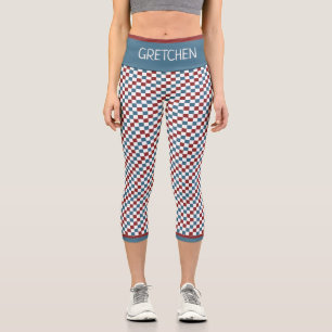 Red White and Blue Chequered Pattern Custom Capri Leggings