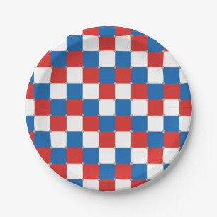 Red white and blue chequered pattern paper plate