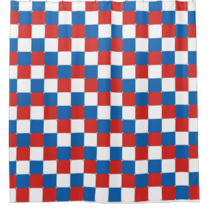 Red white and blue chequered pattern shower curtain