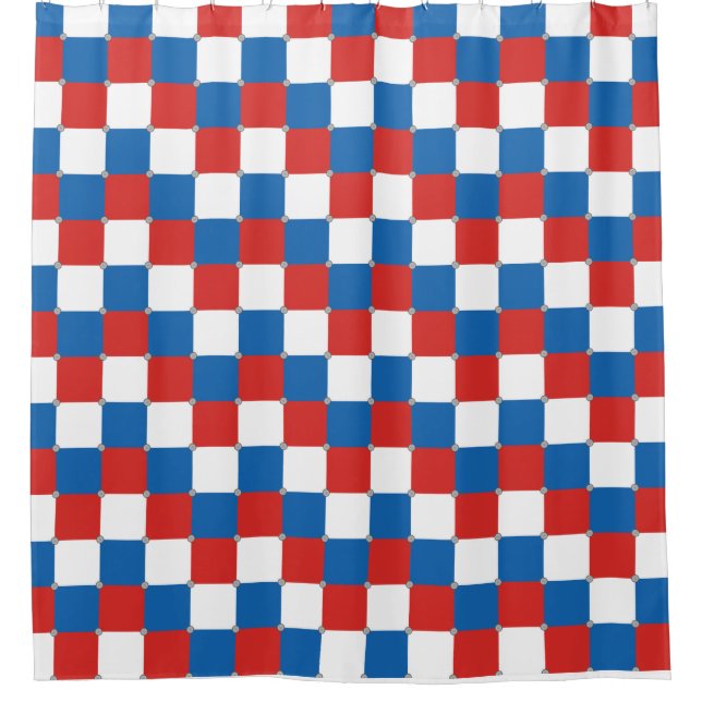 Red white and blue chequered pattern shower curtain (Front)