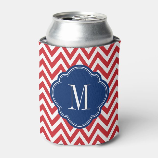 Red White and Blue Chevron Monogram Can Cooler (Can Front)