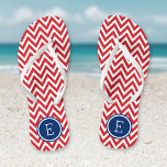 Red White and Blue Chevron Monogram Thongs<br><div class="desc">Custom printed flip flop sandals with a stylish modern chevron pattern and your custom monogram or other text in a circle frame. Click Customise It to change text fonts and colours or add your own images to create a unique one of a kind design!</div>
