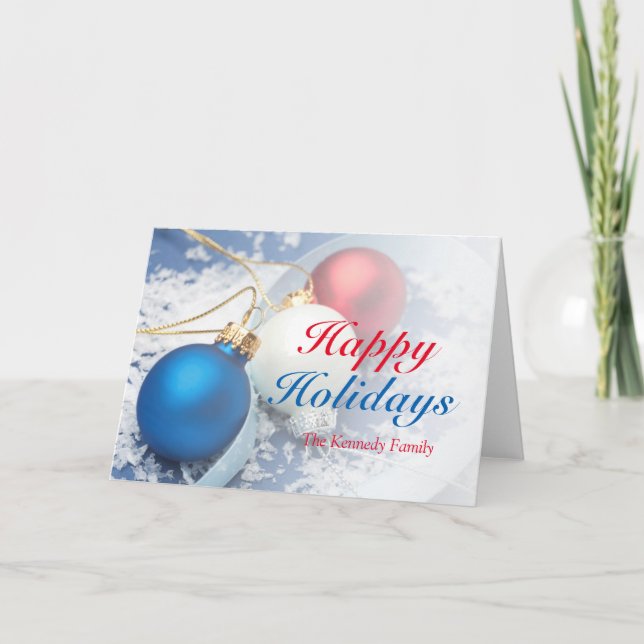 Red, white and blue Christmas ornaments Holiday Card (Front)