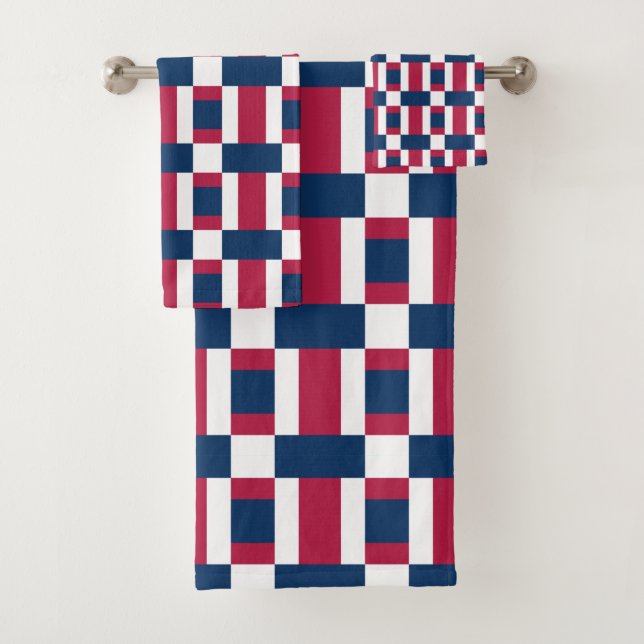Red White And Blue Colour Block Print Bath Towel Set (Insitu)