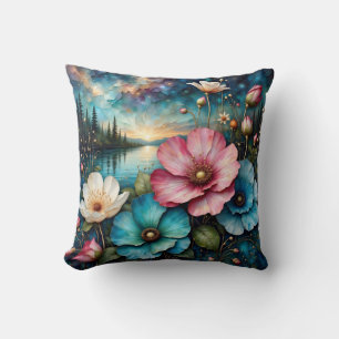 Red white and blue Cosmos flowers, Landscape  Cushion