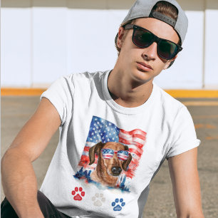 Red White and Blue Cute Dachshund Dog 4th of July T-Shirt