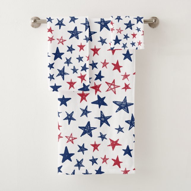 Red White and Blue Doodle Stars  Bath Towel Set (Insitu)