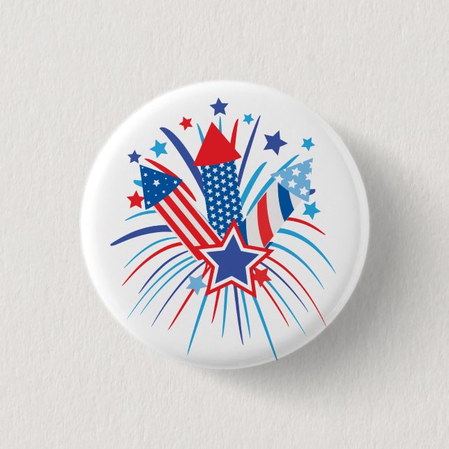 Red, white and blue fireworks, 4th of July button (Front)