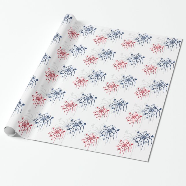 Red White and Blue Fireworks 4th of July Gift Wrap (Unrolled)