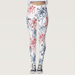 Red White and Blue Fireworks 4th of July Leggings