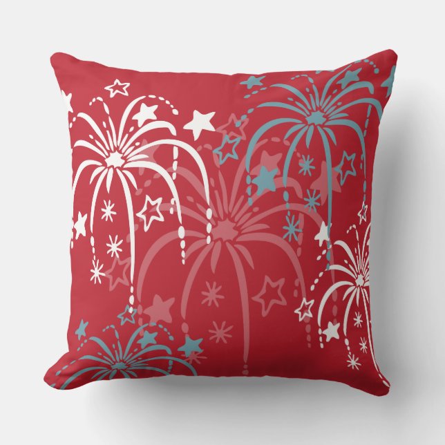 Red White and Blue Fireworks 4th of July Pillow (Front)
