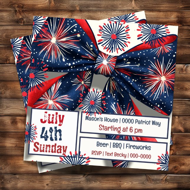 Red White and Blue Fireworks and Bow  Invitation (Fireworks and bows on a cute July 4th party invitation you can fully customize on front and back. )