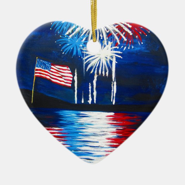 red, white and blue fireworks ceramic ornament (Front)