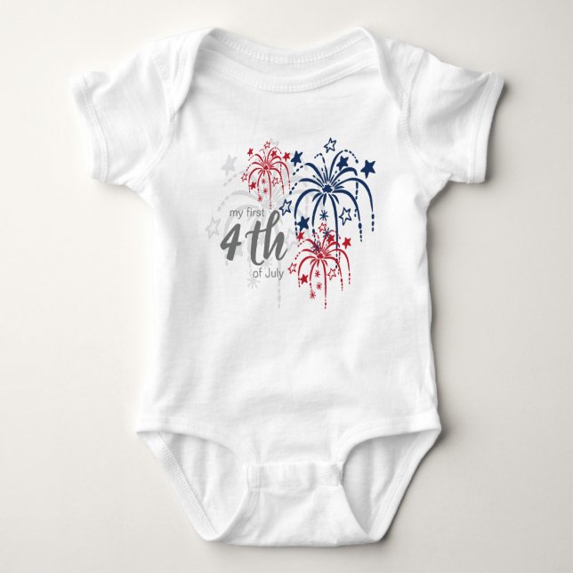 Red White and Blue Fireworks My First 4th of July Baby Bodysuit (Front)