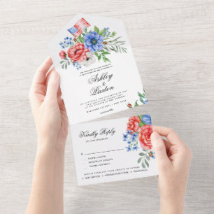Red White and Blue Floral  All In One Invita Invitation
