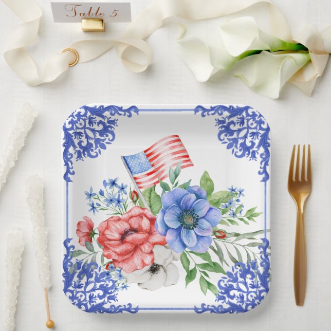 Red, White and Blue Floral American Flag Paper Plate (Wedding)
