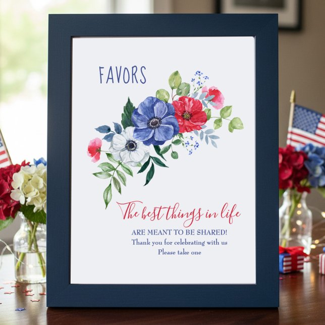 Red White and Blue Floral Favor Table Sign (Favor Table Sign with red white and blue floral bouquet - perfect for patriotic themed celebrations)