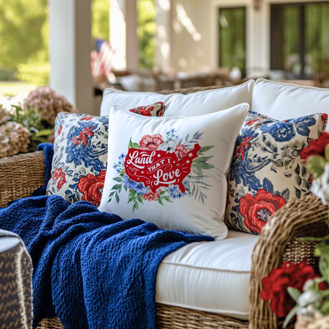 Red white and blue floral Land that I Love  Cushion (Creator Uploaded)