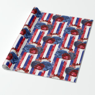 Red, White and Blue Floral USA Pattern Wrapping Paper