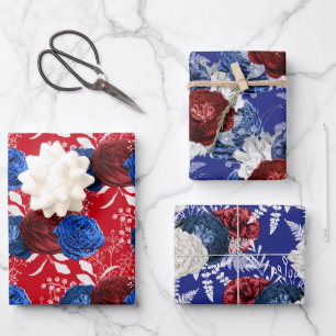 Red, White and Blue Floral USA Pattern Wrapping Paper Sheet