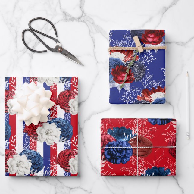 Red, White and Blue Floral USA Pattern Wrapping Paper Sheet (Front)