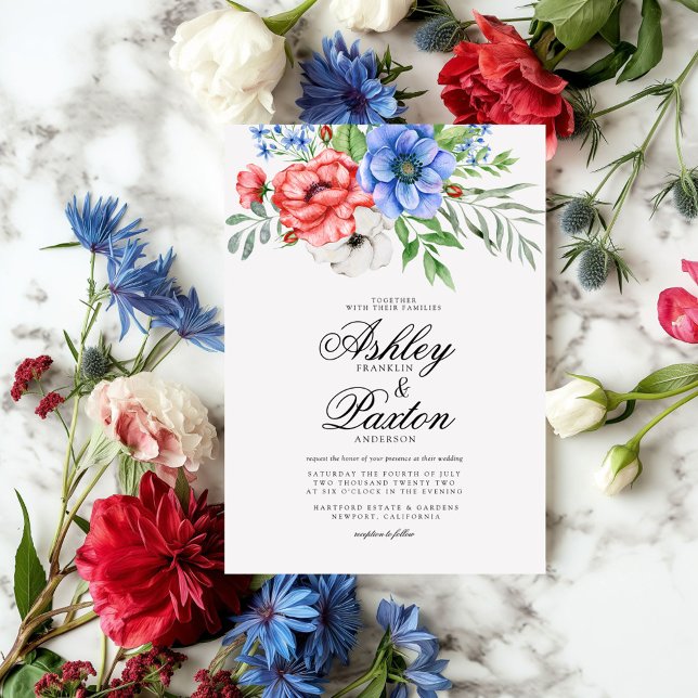 Red, White and Blue Floral Wedding Invitation (Creator Uploaded)