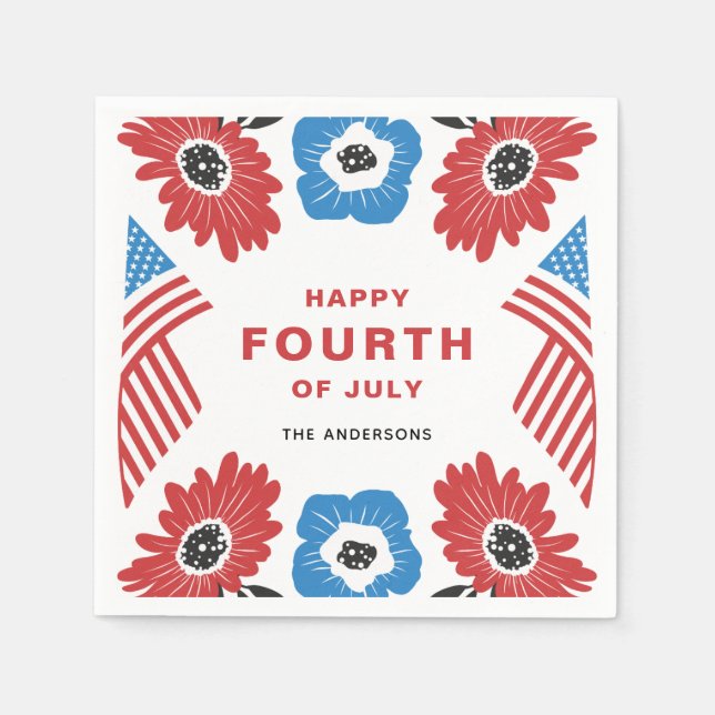 Red White and Blue Florals Happy Fourth of July Napkin (Front)