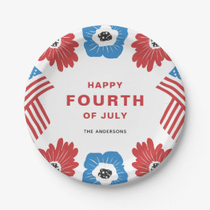 Red White and Blue Florals Happy Fourth of July Paper Plate
