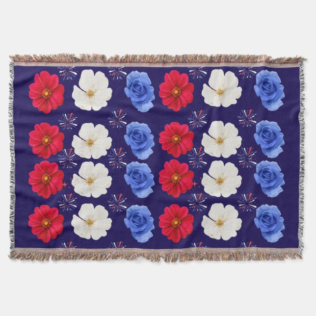 Red, White, and Blue Flower Throw Blanket (Front)