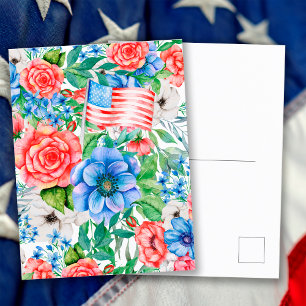 Red White And Blue Flowers 4th Of July Patriotic Holiday Postcard