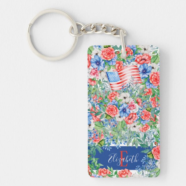 Red White And Blue Flowers Monogram 4th Of July Key Ring (Front)