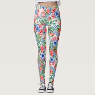 Red White And Blue Flowers Patriotic 4th Of July Leggings